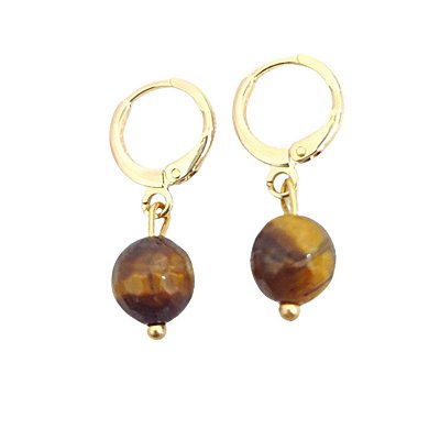 Brincos de argola com pingente pedra olho de tigre  folheado em ouro
