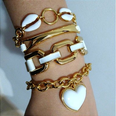 Mix Pulseiras douradas (courino Branco) Ostentação Folheado em ouro