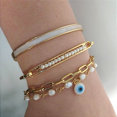 Mix Pulseiras Douradas (tamanho único) Olho Grego com Pérolas Naturais-