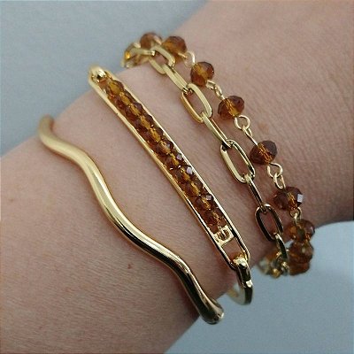 Mix de Pulseiras Cristais e Correntes Marrom ( tamanho único 15 a 17 cm)