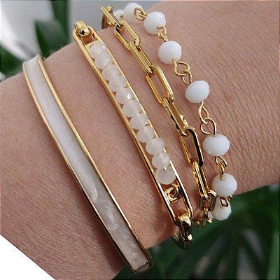 Mix de Pulseiras Cristais e Correntes Branco( tamanho único 15 a 17 cm)