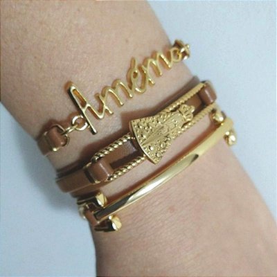Mix Pulseiras Douradas (courino Marrom) Benção de Nossa Senhora-