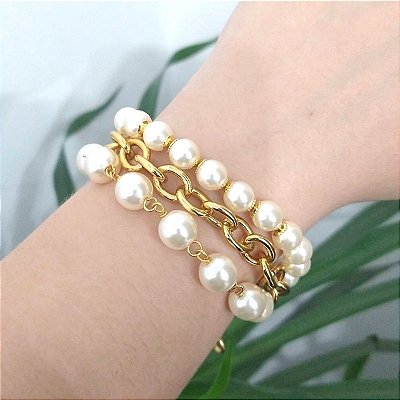 Pulseira tripla com pérolas folheado em ouro Jane