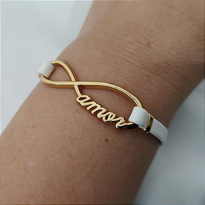 Pulseira (courino Branco) placa escrito Amor folheado em ouro