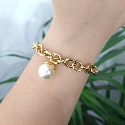 Pulseira Dourada Correntaria Pérola Big margareth folheado em ouro