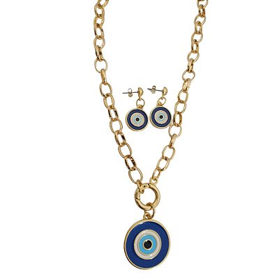 Conjunto colar + brincos com pingente de olho grego azul folheado em ouro