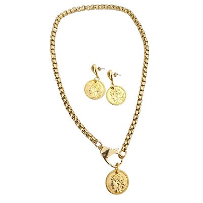 Conjunto com colar e brincos moeda Romana Prosperidade folheado em ouro