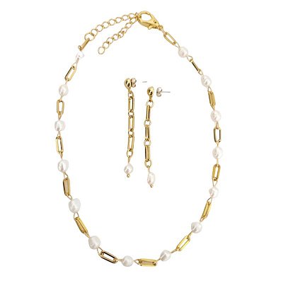 Conjunto colar + brincos com detalhes correntaria e pérolas água doce - Anne  - Folheado em ouro