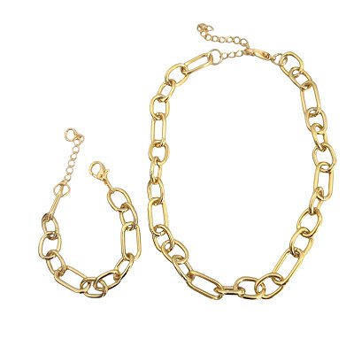 Conjunto Colar + Pulseira Correntaria com design de elos redondos Grande Folheado em ouro Heloisa
