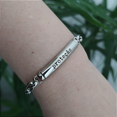Pulseira Correntaria com Placa Proteção Folheado em ródio ( prateada)