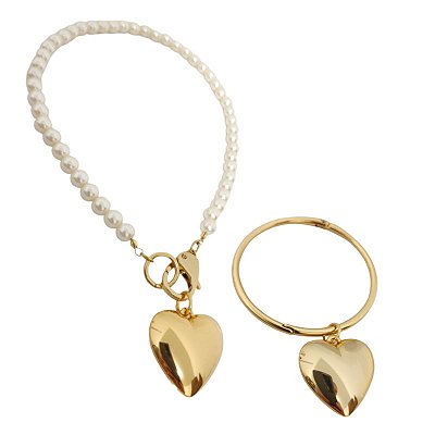 Conjunto Colar Pérolas com coração dourado + pulseira coração dourado folheado em ouro