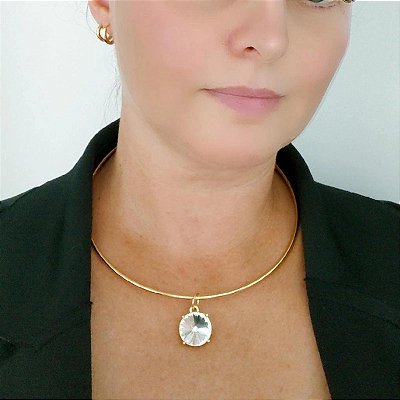 Colar com aro fixo com pingente de brilho grande Anna folheado em ouro ( strass)