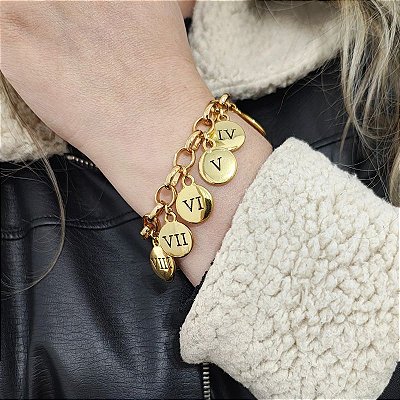 Pulseira correntaria com moedas mandamentos folheado em ouro