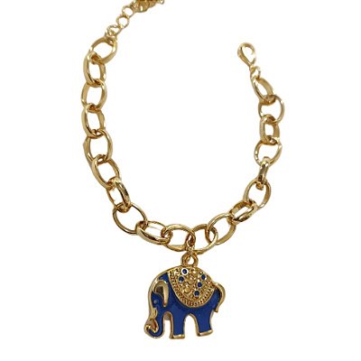 Pulseira Correntaria com pingente de elefante resina azul folheado em ouro