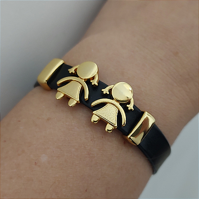 Pulseira Filhos Courino PRETO com 2 meninas acabamento folheado em ouro