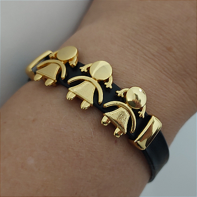 Pulseira Filhos Courino PRETO com 3 FILHOS acabamento folheado em ouro