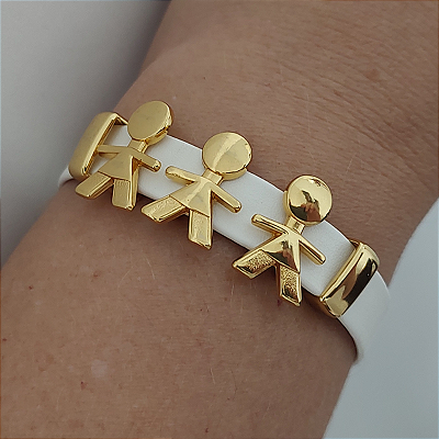 Pulseira Filhos Courino BRANCO com 3 FILHOS acabamento folheado em ouro