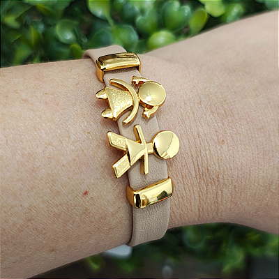 Pulseira Filhos Courino BEGE com Casal Filhos ( menino e menina) acabamento folheado em ouro