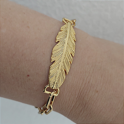 Pulseira correntaria com placa de folha folheado em Ouro