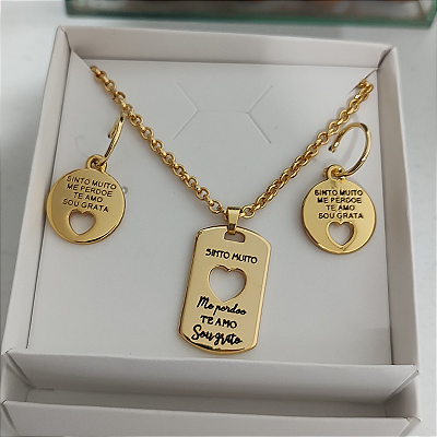 KIT HOPONOPONO - Colar correntaria 45 cm + Brincos com pingente moeda hoponopono folheado em ouro