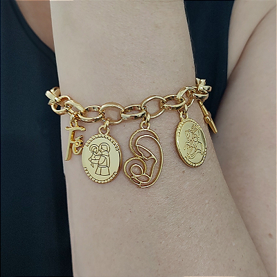Pulseira Correntaria com Pingentes Religiosos Bençãos