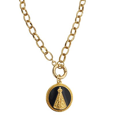 Colar Correntaria Nossa Senhora Aparecida - Resina Preta e dourada