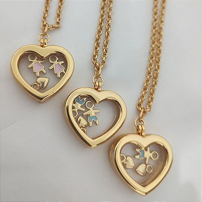 Colar correntaria Relicário coração Amor de Mãe com até 3 filhos folheado em ouro 45cm