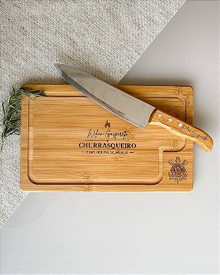 Kit Churrasco Tábua + Faca em Bambu Personalizada Dia dos Pais