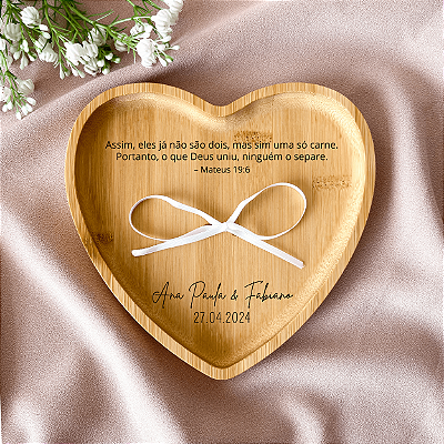 Porta Alianças Personalizado Casamento Coração Grande Bambu