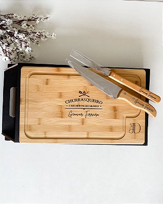 Kit Churrasco Tábua 37x22 cm Faca e Garfo Padrinhos Casamento
