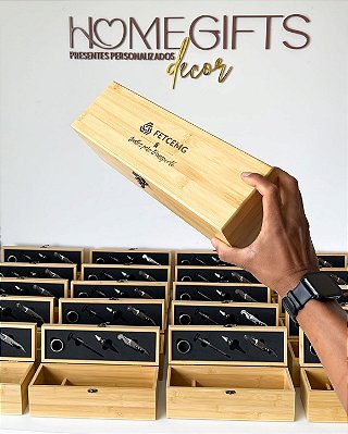 Kit Caixa Vinho Personalizada + 4 Acessórios Brinde Corporativo