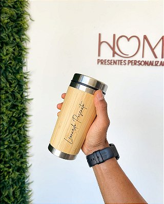 Copo Térmico Inox e Bambu Personalizado com Nome 500ml