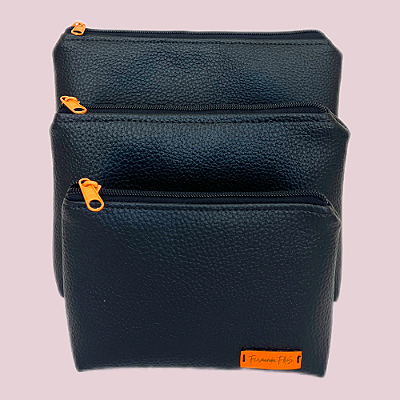 Kit Necessaire Trapézio PMG Preto Couro