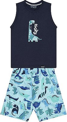 CONJUNTO INFANTIL MENINO DINOSSAUROS MICROFIBRA AZUL MARINHO