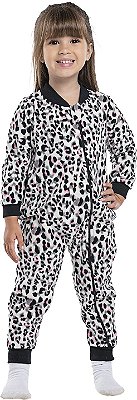 Pijama macacão infantil menina onça mega soft preto