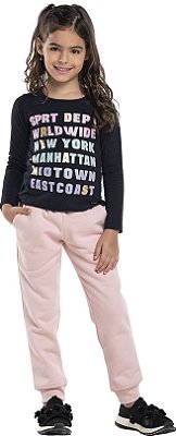 Calça moletom infantil menina básica rosa