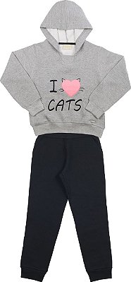 CONJUNTO INFANTIL MENINA LOVE CATS MOLETOM CINZA