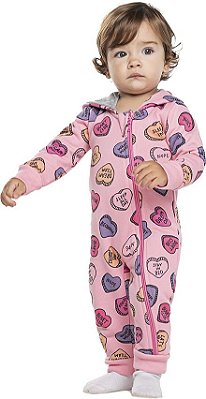 Pijama macacão infantil menina corações moletom rosa