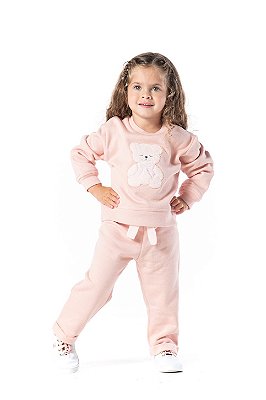 CONJUNTO INFANTIL MENINA URSO LAÇO MOLETOM ROSA