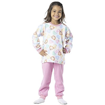 PIJAMA INFANTIL MENINA CORAÇÕES E URSO SLIM SOFT