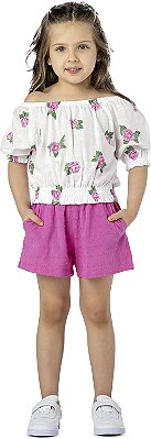 CONJUNTO INFANTIL MENINA FLORAL ALGODÃO ROSA