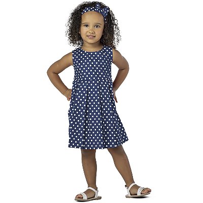 VESTIDO INFANTIL FRIDA MENINA PREGAS POÁ ALGODÃO MARINHO