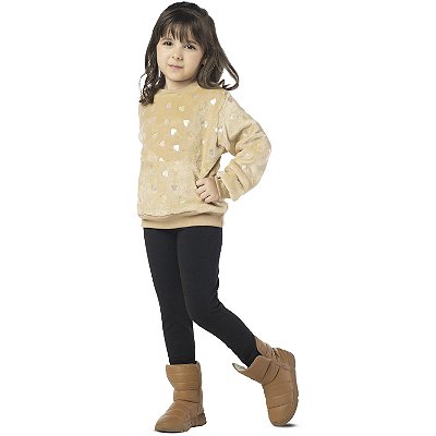 CONJUNTO INFANTIL MENINA CORAÇÃO MOLETOM PELUDINHO BEGE
