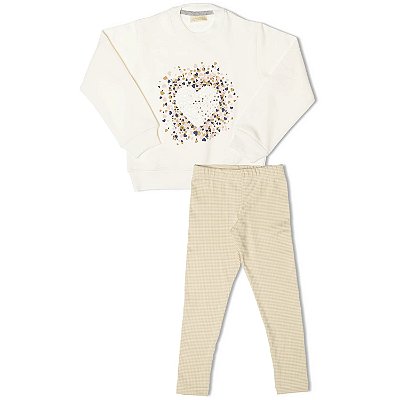 CONJUNTO INFANTIL MENINA CORAÇÕES FOIL MOLETOM BEGE
