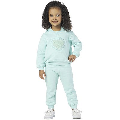 CONJUNTO INFANTIL MENINA CORAÇÃO PELUDINHO MOLETOM VERDE ÁGUA