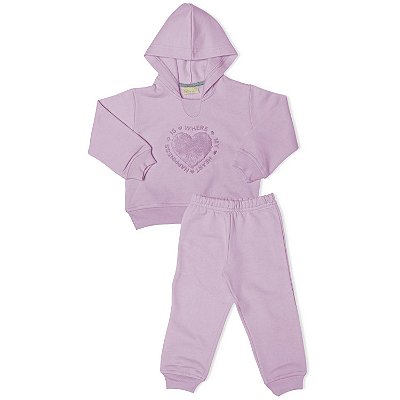 CONJUNTO INFANTIL MENINA CORAÇÃO PELUDINHO MOLETOM ROSA CLARO