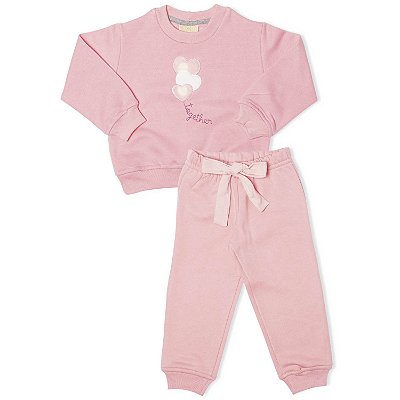 CONJUNTO INFANTIL MENINA BALÃO DE CORAÇÃO MOLETOM ROSA CLARO