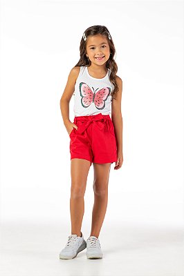 Short infantil menina cinto laço algodão vermelho