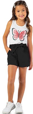 Short infantil menina cinto laço algodão preto