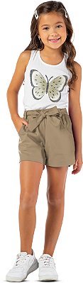 Short infantil menina cinto laço algodão bege